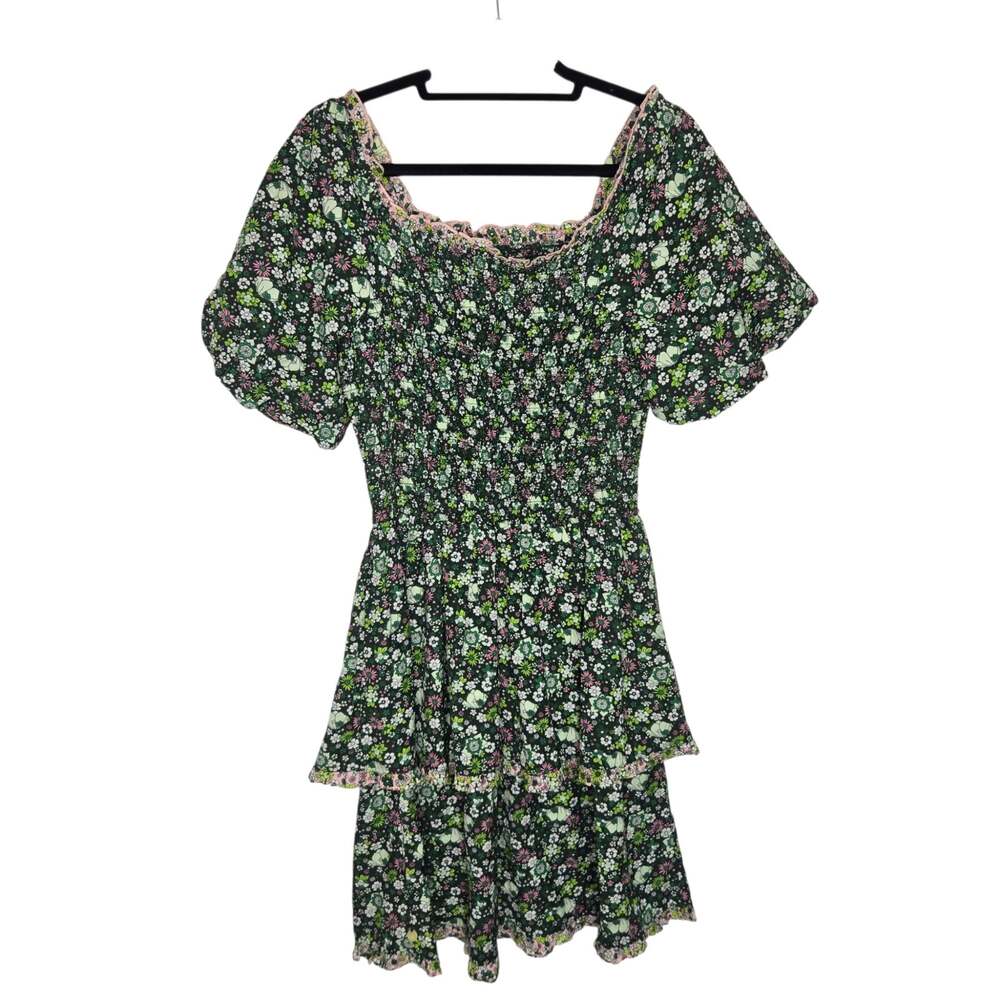 Scotch & Soda Girls Cottage Green Floral Dress Smocked Tiered Ruffle Hem 14